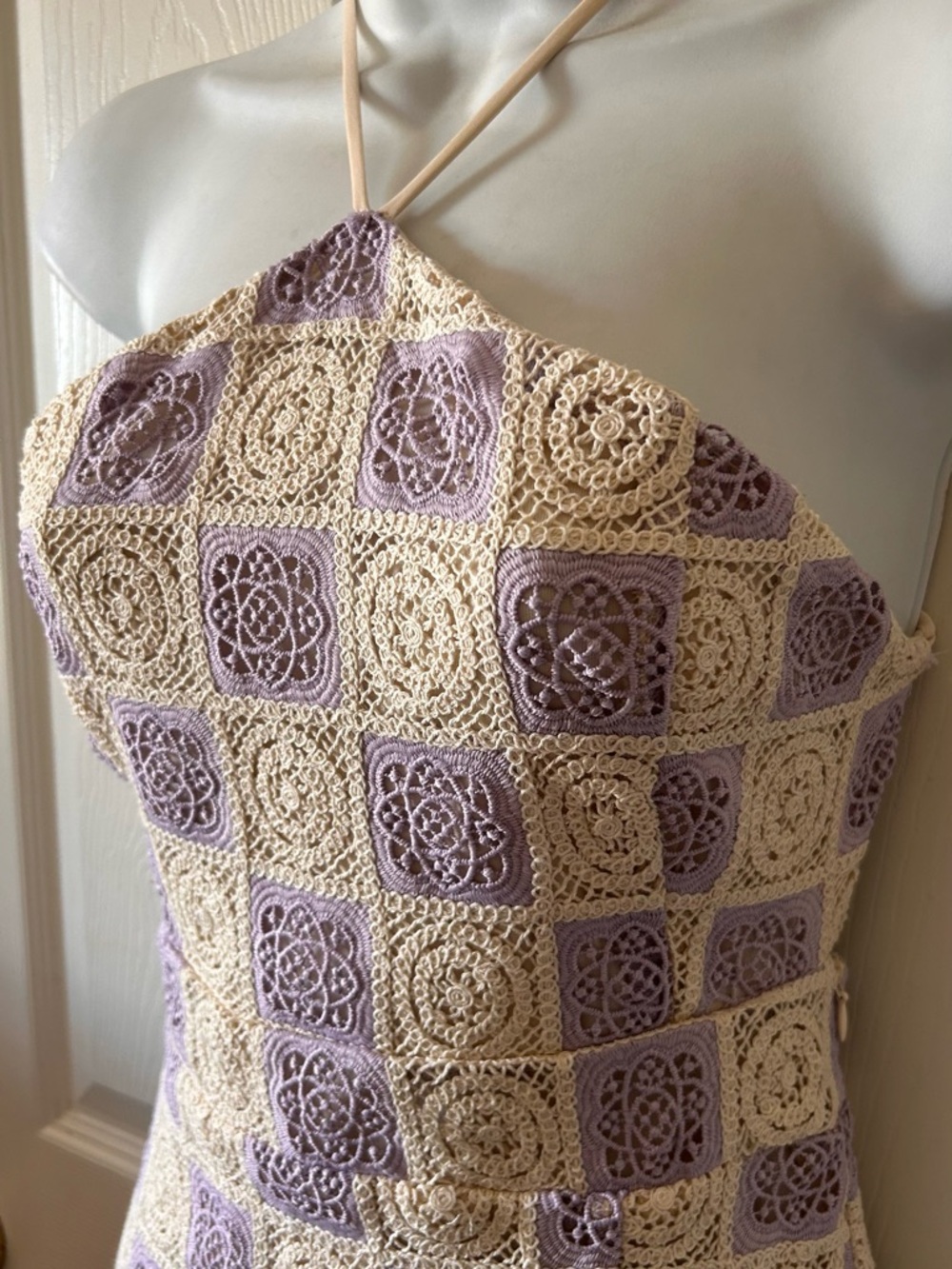 FORE COLLECTION Lilac/Cream Checkered Crochet Halter Dress Spring Wedding Guest‎ - Picture 8 of 13